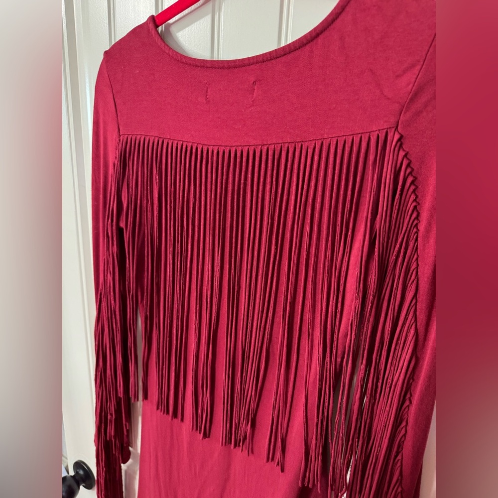 IDYLLWIND 🤠 Burgundy Fringe Long Sleeve Mini Dress (Women’s Size Small) - Picture 8 of 10